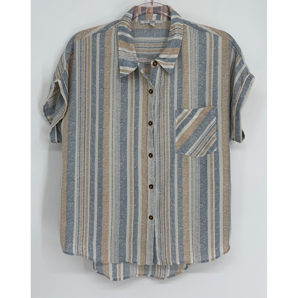 Nouvida Womens Short Sleeve Button Up Striped Shirt Blue Tan White Sz L‎